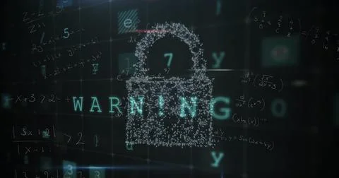 Image of security padlock icon, mathematical equations and cyber security d.. Fotos de archivo