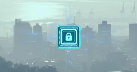 Image of security padlock icon with microprocessor connections against aerial Stockfoto's