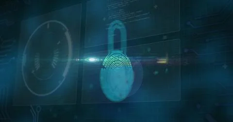 Image of security padlock icon over interface with data processing against blue Stockillustratie
