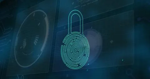 Image of security padlock icon over interface with data processing against blue Stock Illustration