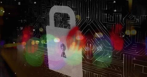 Image of security padlock icon over microprocessor connections against night Stock Illustration