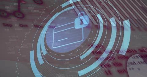 Image of security padlock icon over round scanner against statistical data Stock Illustration