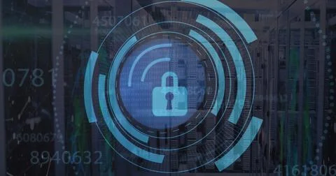 Image of security padlock icon over round scanner and changing numbers against 库存插图