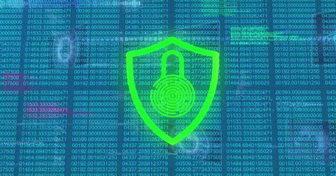 Image of security padlock icon over binary coding data processing against blue Stock Photos