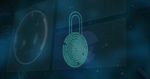 Image of security padlock icon over interface with data processing against blue Stock Photos
