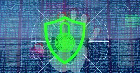 Image of security padlock icon over hand scanning against data processing o.. Stock Photos