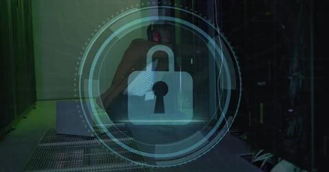 Image of security padlock icon over african american male engineer working .. Foto stock