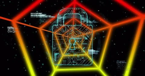 Image of security padlock icon over hexagonal tunnel in seamless pattern on Stock Photos