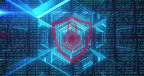 Image of security padlock icon over blue tunnel in seamless pattern against.. Stockfoto's