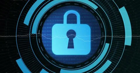 Image of security padlock icon over round scanner against binary coding dat.. Stock Photos