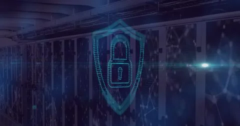 Image of security padlock icon over network of connections against computer.. Foto stock
