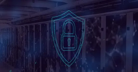 Image of security padlock icon over network of connections against computer.. Stock Photos