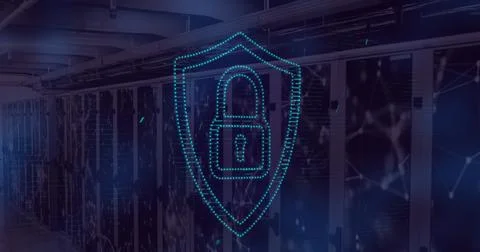 Image of security padlock icon over network of connections against computer.. Stock Photos