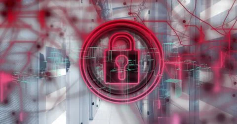 Image of security padlock icon over 3d city model spinning against computer Stock Photos