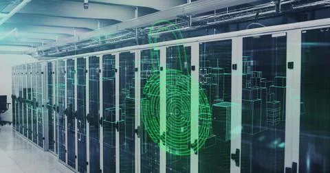 Image of security padlock icon over 3d city model spinning against computer Stock Photos