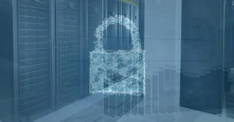 Image of security padlock  icon over statistical data processing against server 写真素材