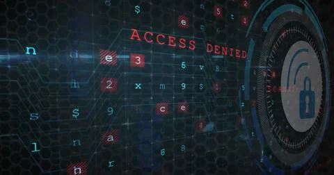 Image of security padlock icon over round scanner against cyber security data 스톡 사진