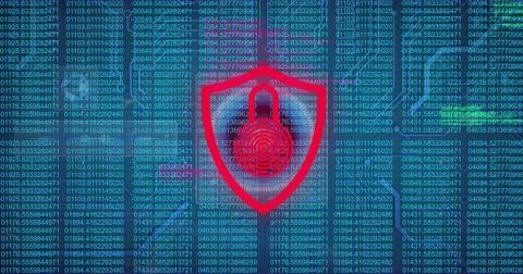 Image of security padlock icon over data processor, round scanner and micro.. Foto stock