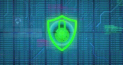 Image of security padlock icon over data processor, round scanner and micro.. Stock Photos