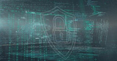 Image of security padlock icon over multiple screens with data processing on 写真素材