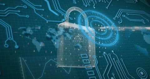 Image of security padlock icon over round scanner and microprocessor connections 写真素材