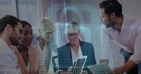 Image of security padlock icon over diverse colleagues discussing together at Foto stock