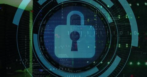 Image of security padlock icon on round scanner against computer server room 스톡 일러스트