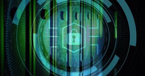 Image of security padlock icon on round scanner and spinning globe against 스톡 일러스트