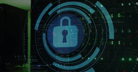 Image of security padlock icon on round scanner and binary coding against 스톡 일러스트