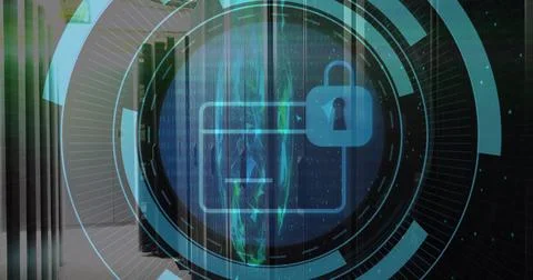 Image of security padlock icon on round scanner and globe of plexus networks Stock Illustration