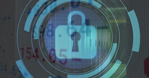 Image of security padlock icon on round scanner, stock market data processing Stock Illustration