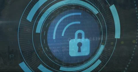 Image of security padlock icon on round scanner, cyber security data processing イラスト素材