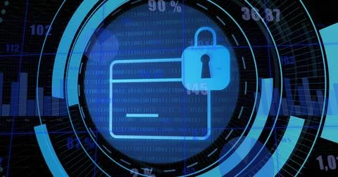 Image of security padlock icon on round scanner against statistical data pr.. 스톡 사진
