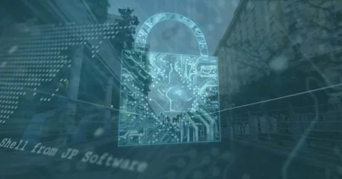 Image of security padlock icon, world map, data processing against people 스톡 사진