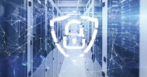 Image of security padlock, network of connections and data processing over 스톡 사진