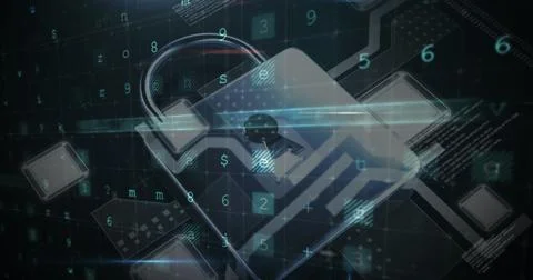 Image of security padlock over data processing on dark background Illustrazione stock