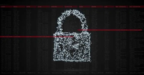 Image of security padlock over data processing on dark background Illustrazione stock
