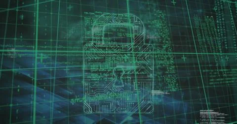 Image of security padlock over data processing on dark background Stock Photos