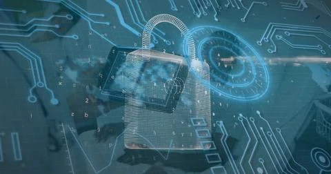 Image of security padlock over man using tablet 스톡 사진