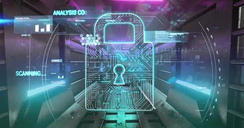 Image of security padlock over tunnel and digital interface イラスト素材