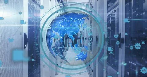 Image of security scanner interface and global network over server room Foto stock