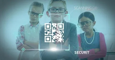 Image of security scanning over QR code with schoolboy and two schoolgirls Stock Photos