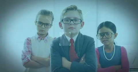 Image of security scanning over QR code with schoolboy and two schoolgirls Stock Photos