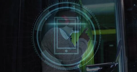 Image of security shield icon over african american male engineer using lap.. Stock Photos