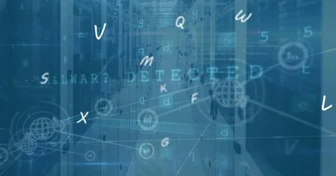 Image of security warning text and data processing over computer server room Foto stock