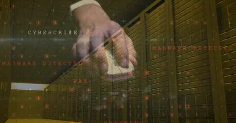 Image of security warnings over hand using computer mouse, server room and data Stock Photos
