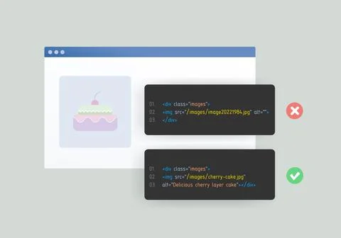 Image SEO and alt text and title tags concept. Optimize images for better Stock Illustration