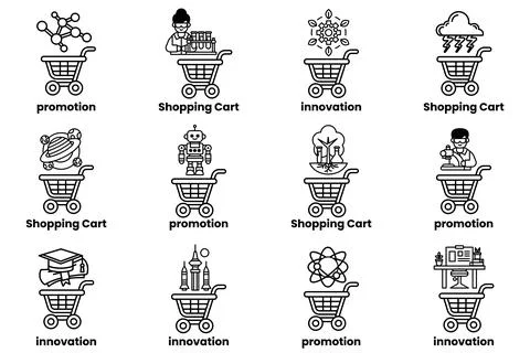 The image is a series of black and white illustrations of shopping carts Ilustración de archivo
