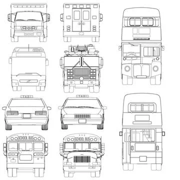 The image is a series of drawings of different types of vehicles, including Stock Illustration