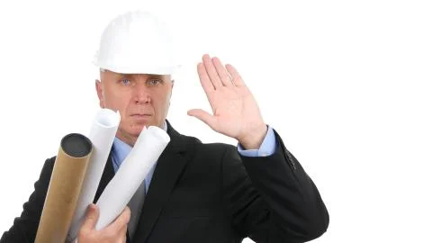 Image with Serious Engineer Making a Hello Hand Gestures Stock Photos